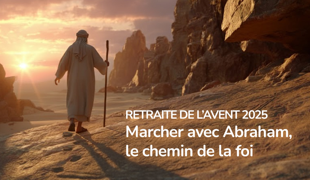 Silhouette d’un marcheur dans le désert au lever du soleil, symbolisant Abraham en marche dans la foi et la confiance.