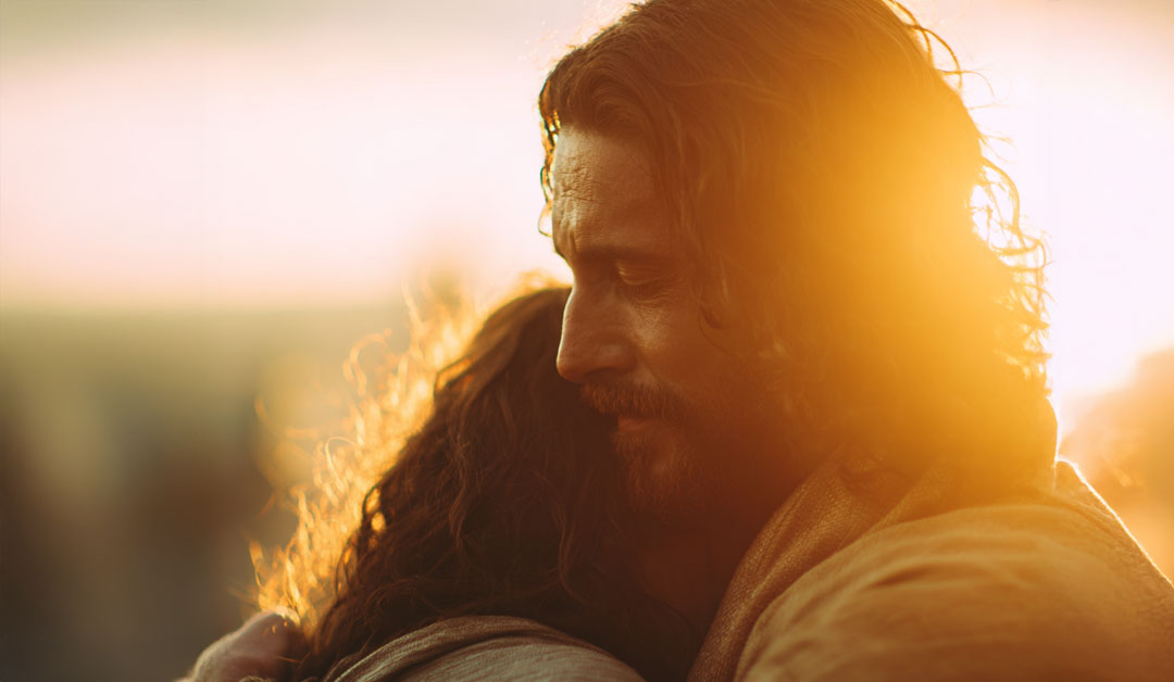 Jésus accueille une personne dans une étreinte lumineuse symbole de douceur et d’amour qui allège le fardeau – Évangile du jour et méditation du mercredi 10 décembre 2025