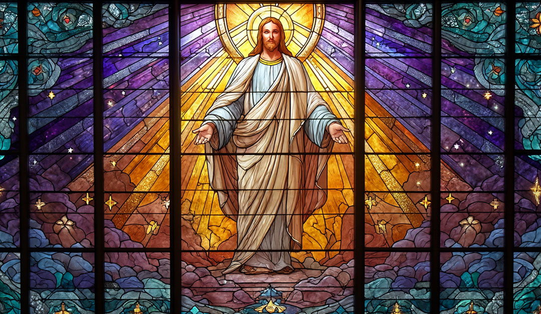 Vitrail représentant le Christ aux bras ouverts, traversé par une lumière rayonnante, symbole de la vie humaine illuminée par l’Amour de Dieu – Méditation du dimanche 18 janvier 2026