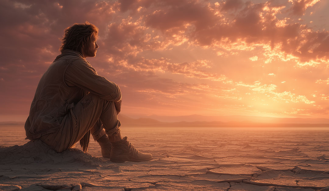 Un homme assis seul dans un désert aride regarde l’horizon lumineux au coucher du soleil, image de l’attente intérieure et du désir éprouvé – Méditation du lundi 19 janvier 2026