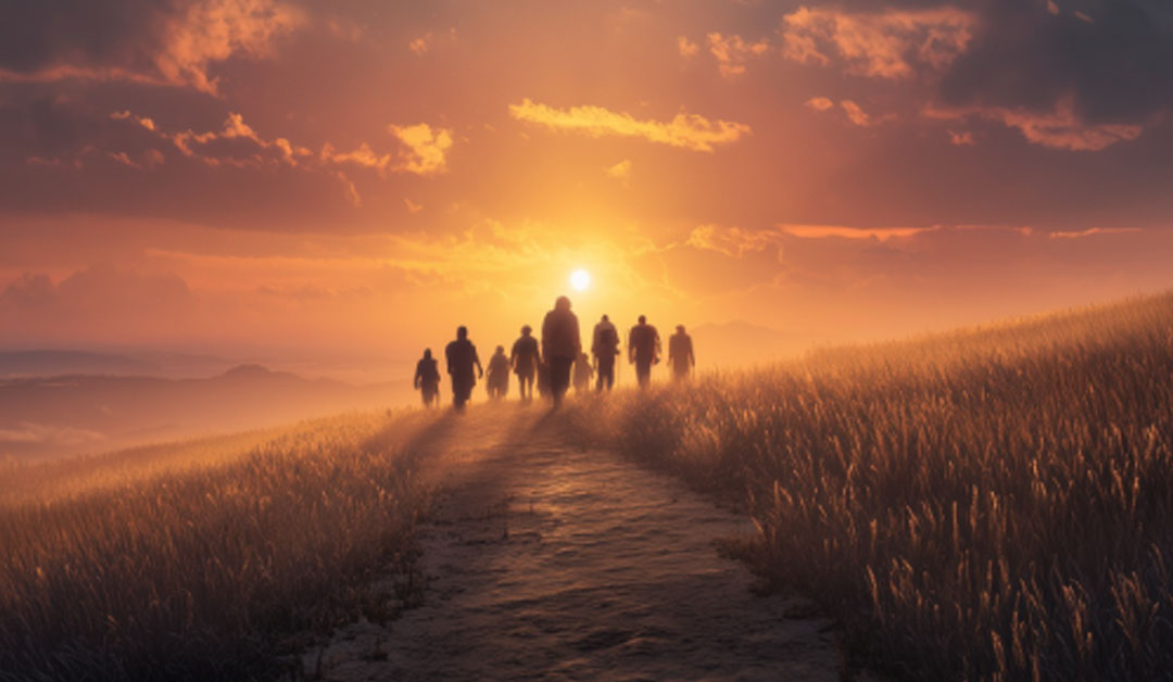 Groupe de silhouettes marchant ensemble sur un chemin vers la lumière du matin – Méditation du vendredi 23 janvier