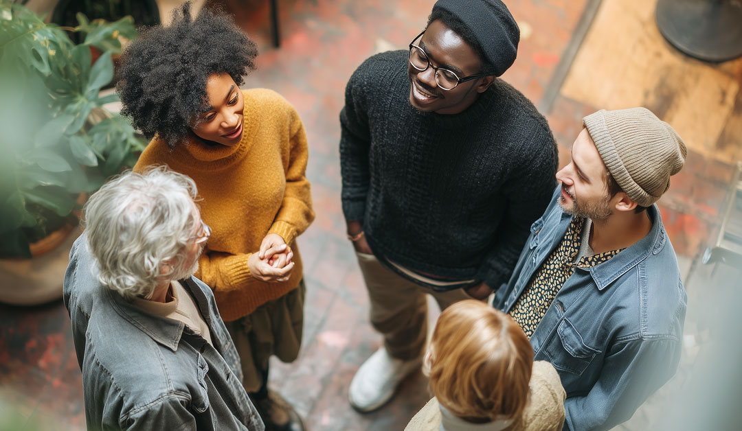 Groupe de personnes d’âges et d’origines diverses réunies en cercle, échangeant avec attention et bienveillance dans un espace intérieur chaleureux