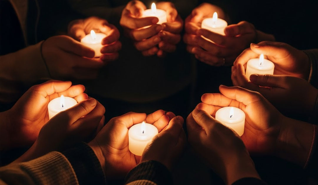 Mains réunies tenant des bougies allumées symbolisant la prière et la communion
