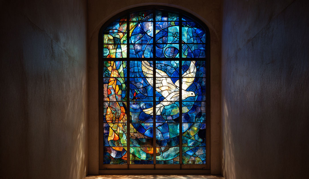 Vitrail coloré représentant une colombe symbole de l’Esprit Saint entourée de formes lumineuses évoquant les dons spirituels et leur incarnation