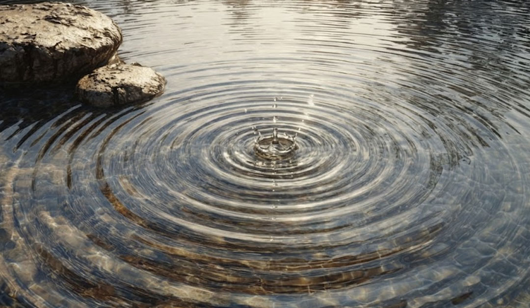 Une goutte unique touchant une eau paisible pour illustrer le don de l'Esprit Saint qui, une fois accueilli, déploie en nous une source de vie et de multiples fruits spirituels.