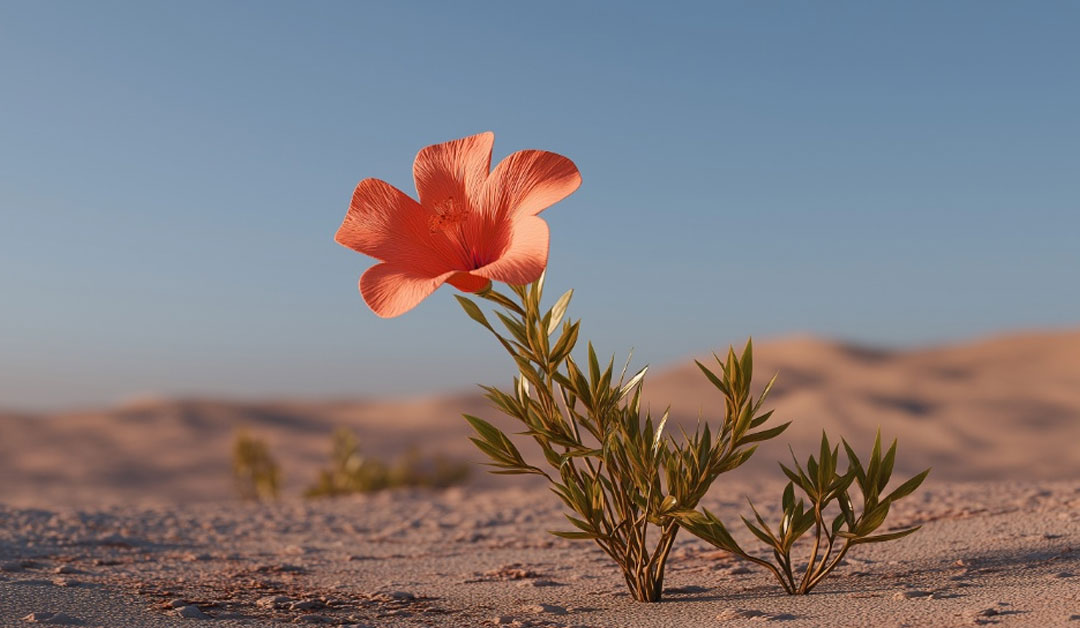 Fleur poussant seule dans un sol désertique, symbole de la vie que Dieu fait refleurir au cœur du désert intérieur