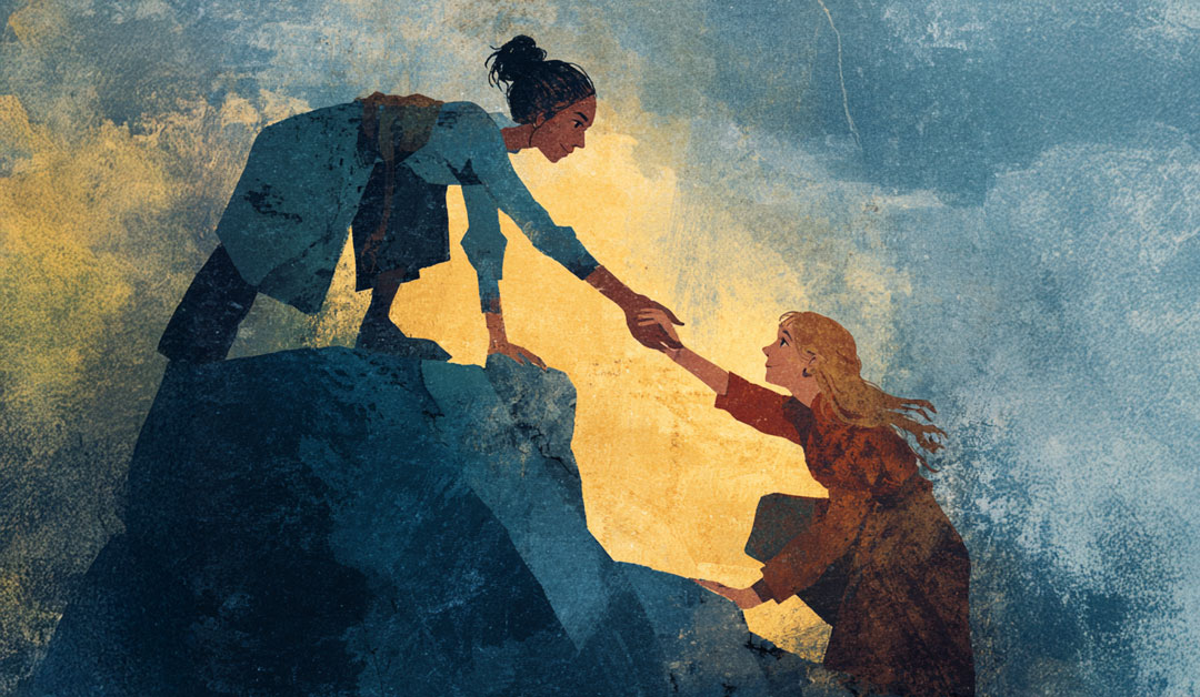 Une personne aidant une autre à se relever, symbole de la miséricorde et de la fraternité