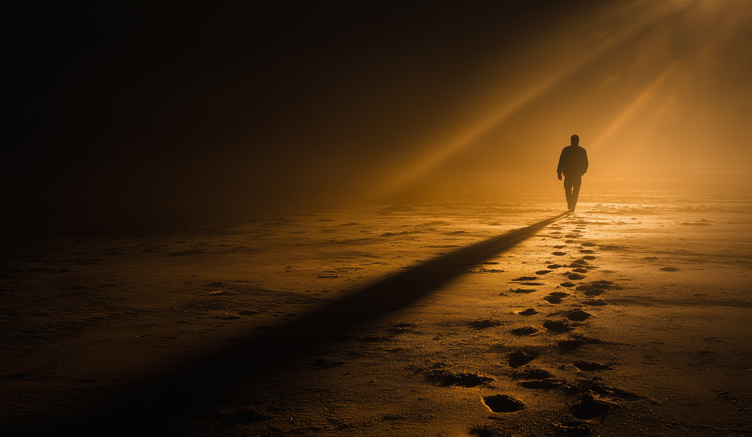 Silhouette marchant vers une lumière dans un paysage sombre
