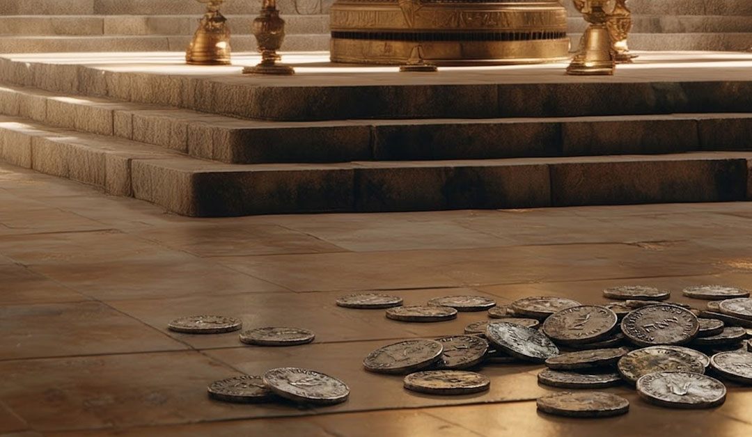 Des pièces d'argent déposées par terre, sur le sol d'un temple