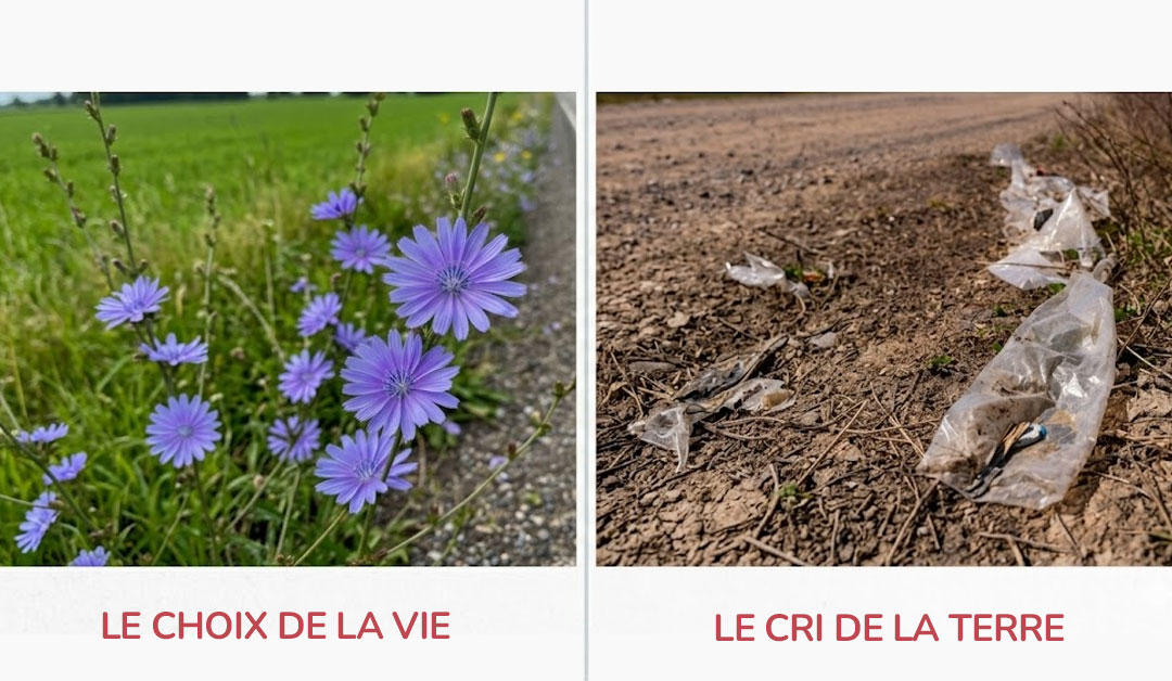 Comparaison visuelle : à gauche des chicorées sauvages "Choix de la vie", à droite des déchets plastiques "Cri de la Terre", illustrant notre impact sur la création.