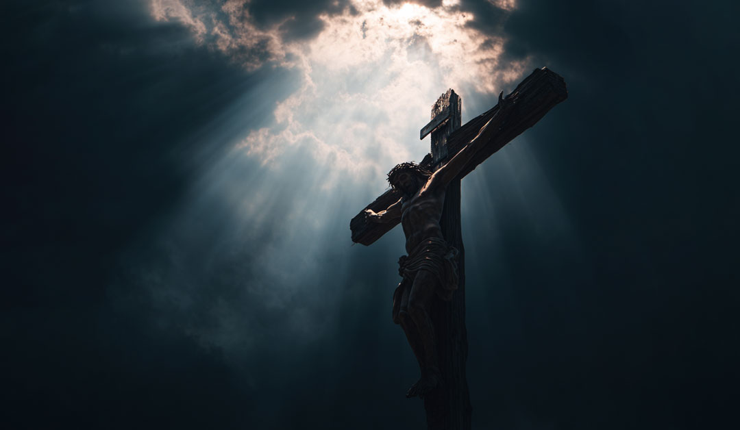 Le Christ en croix comme un pont de lumière perçant l'obscurité, révélant la présence vivante de Dieu au cœur même de la détresse humaine.