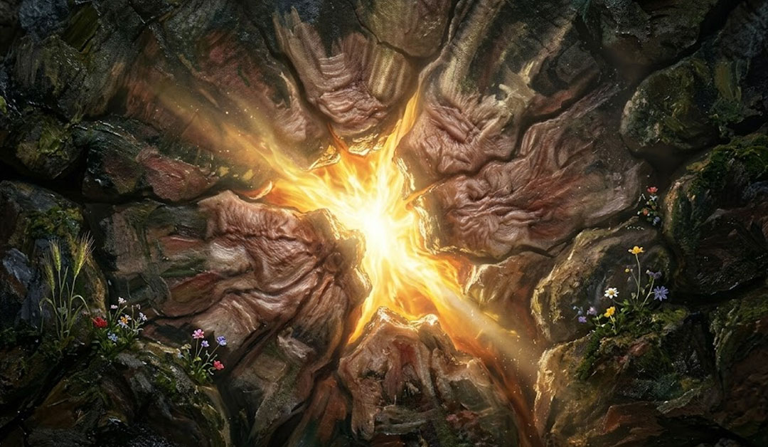 Une fissure brute dans la paroi d'un tombeau sombre, d'où jaillit une lumière dorée intense et victorieuse