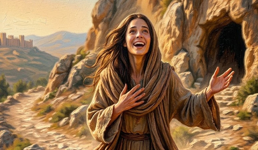 Marie Madeleine courant sur un chemin rocheux, le visage rayonnant de joie et d'étonnement, fuyant le tombeau vide en arrière-plan