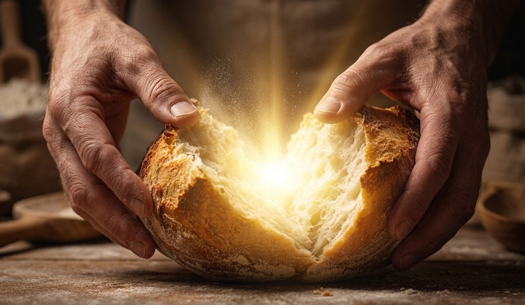 Deux mains rompant un pain artisanal, d'où jaillit une lumière dorée intense, sur fond sombre