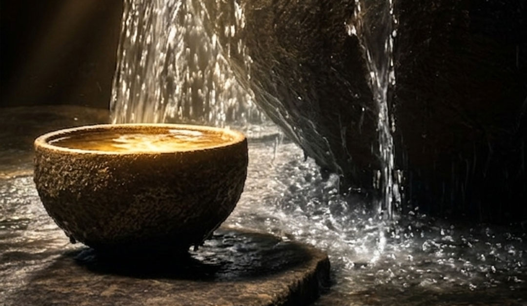 Une coupe débordante recevant une quantité d'eau sous la lumière