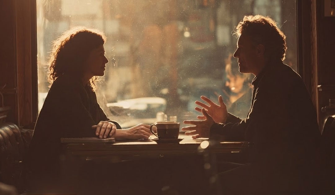Deux personnes se rencontres dans un café et s'écoutent attentivement