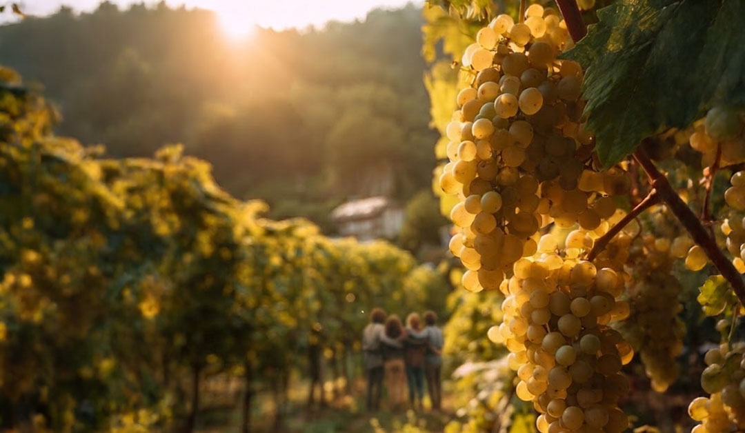 Un groupe d'amis qui s'enlacent dans un vignoble prolifique, sous un soleil radiant