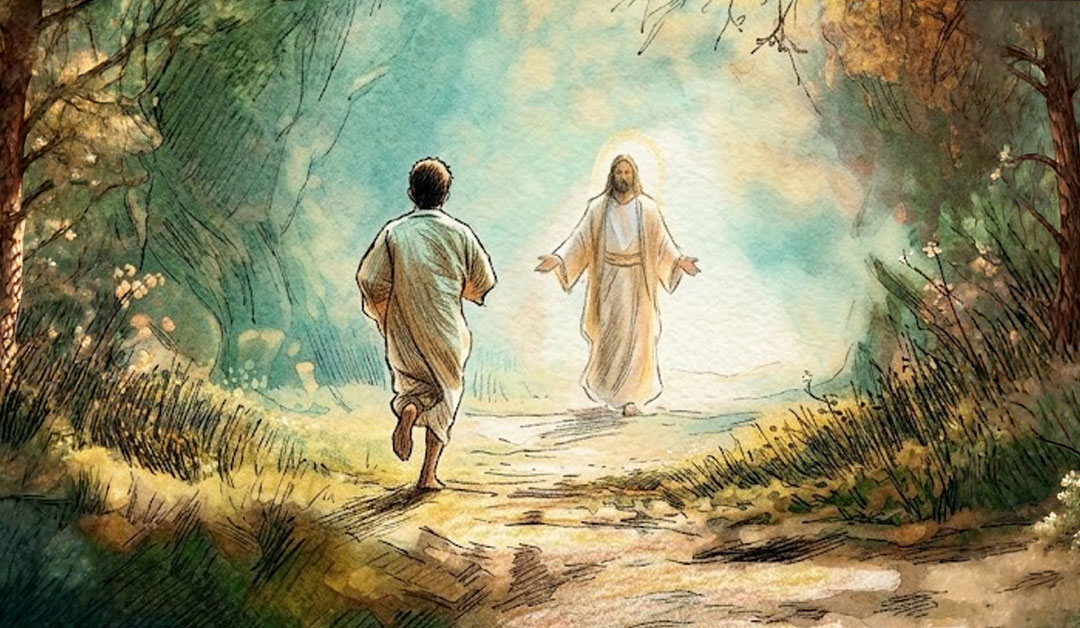 Esquisse d'une personne qui court en direction de Jésus
