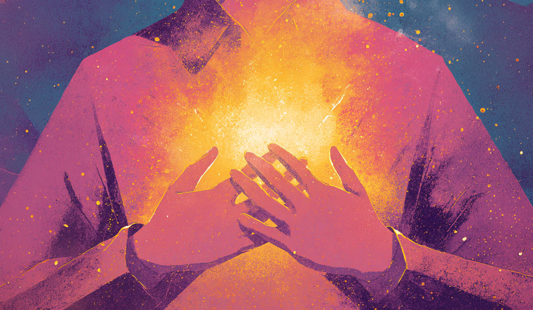 Une personne au coeur lumineux au centre de son corps, symbole du temple