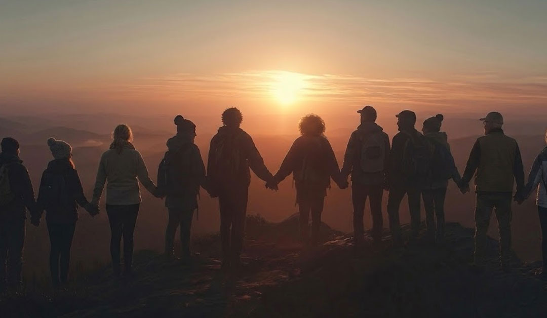 Silhouettes unies se tenant par la main au sommet d'une montagne devant un lever de soleil, symbolisant la gratitude et la résistance