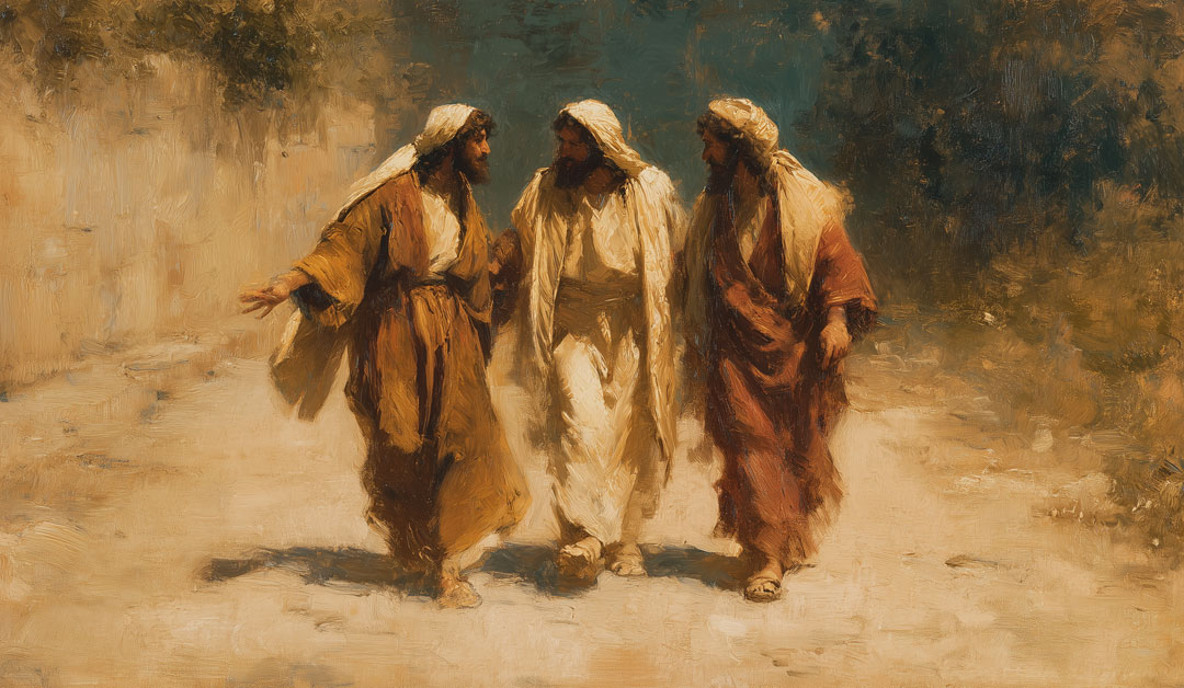 Christ marchant sur le chemin d'Emmaüs avec deux disciples, symbolisant l'accompagnement spirituel et la rencontre sur la route