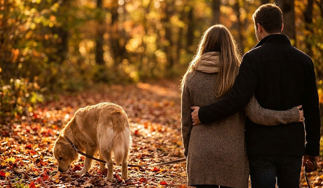 Un couple amoureux avec un chien, marchants sur un sentier lumineux