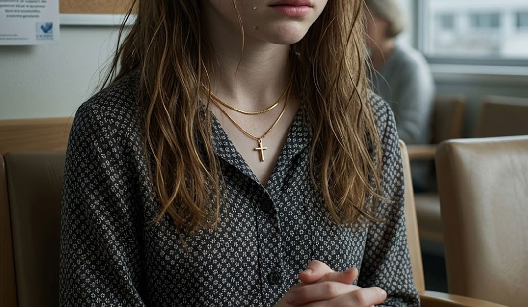 Une jeune fille triste portant une petite chaine avec une croix à son cou