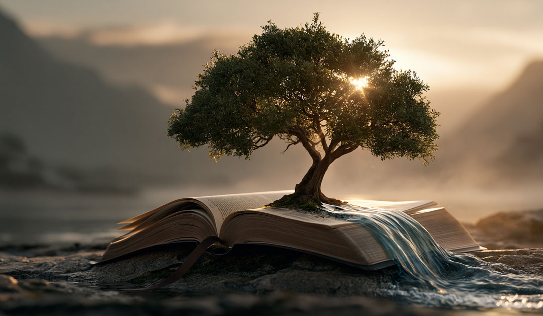 Un arbre pousse à l'intérieur d'une bible, pour illustrer la Parole créatrice