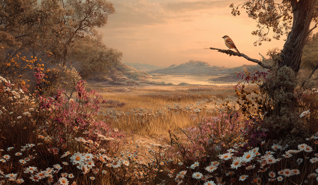 Un paysage estival avec des arbres, fleurs et un oiseau