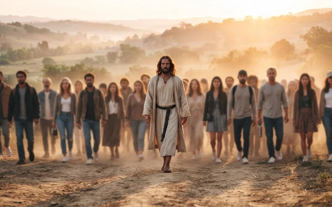 Jésus marche devant un groupe de personnes