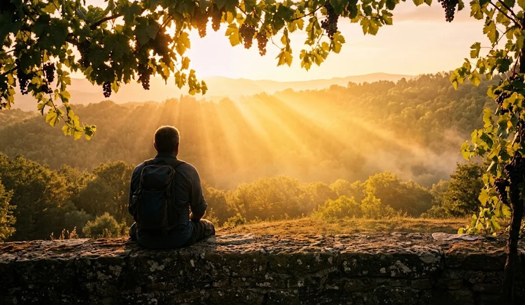 Une personne assise contemple une forêt gorgée de soleil