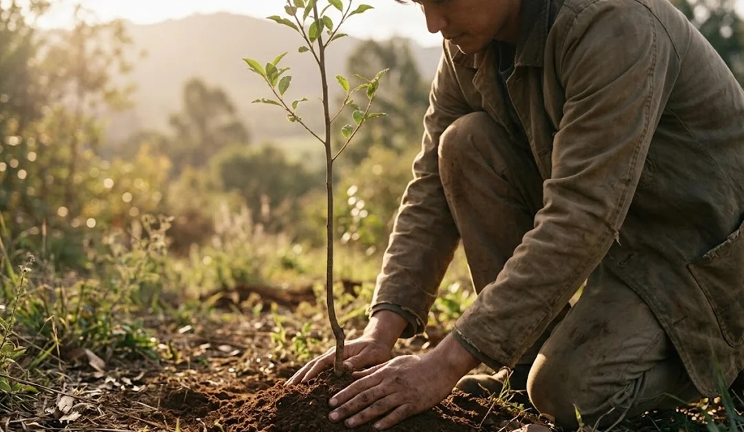 Personne agenouillée prenant soin de la terre au pied d'un jeune arbre