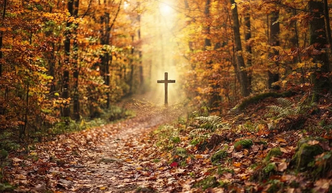 Un sentier d'automne menant à une croix en bois au bout du chemin